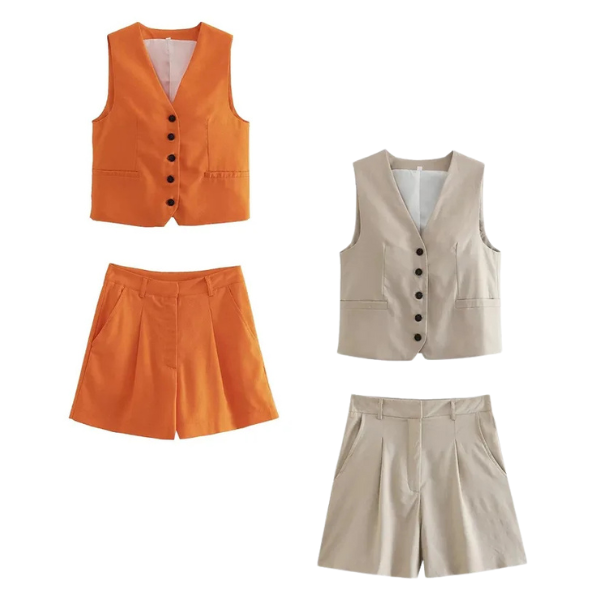 Conjunto Feminino em Alfaiataria - Colete e Shorts no Linho