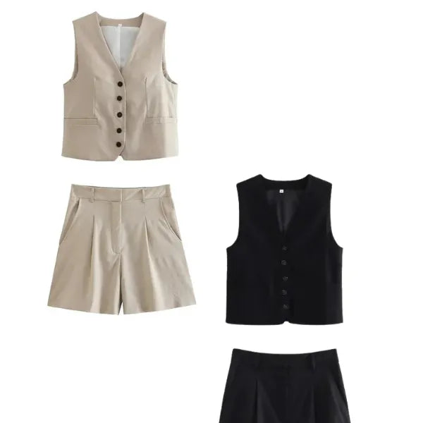 Conjunto Feminino em Alfaiataria - Colete e Shorts no Linho