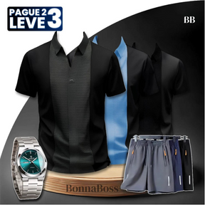 [Pague 2, Leve 3] Camisa Polo Casual Italian em Seda Gelo e Poliéster + BRINDES: 3 Bermudas e Relógio